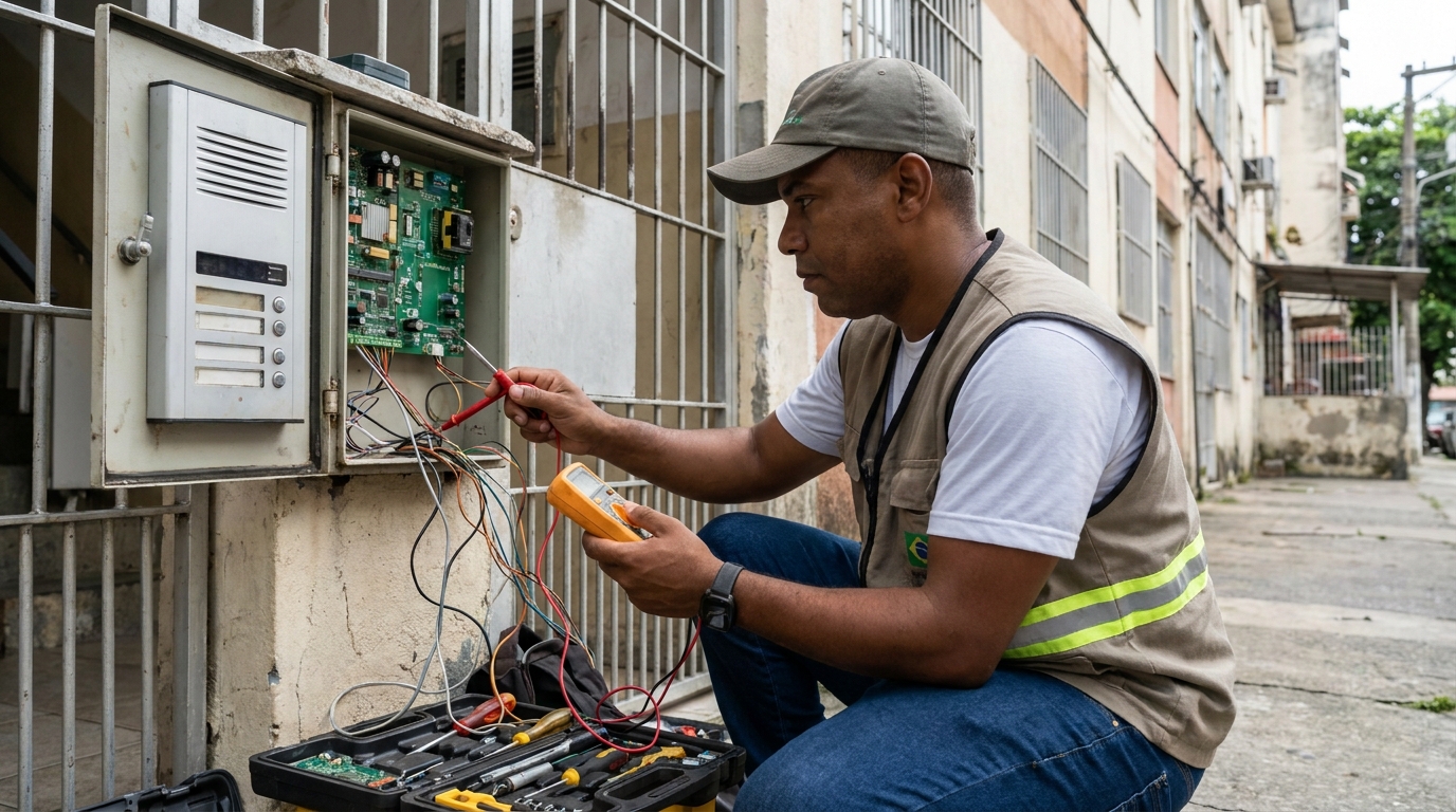 Eletricista consertando interfone em Montes Claros‑MG